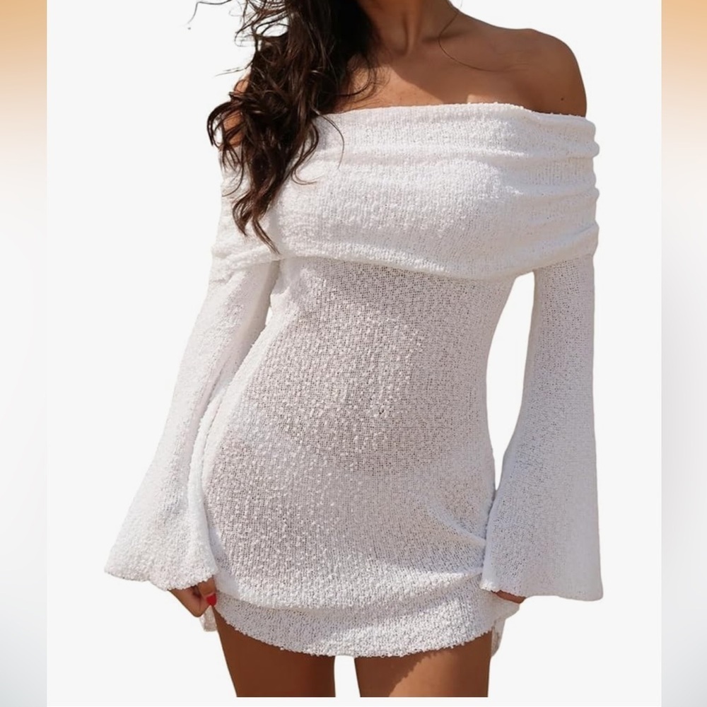 Elegant Off-Shoulder White Dress /swim cover - Picture 1 of 6